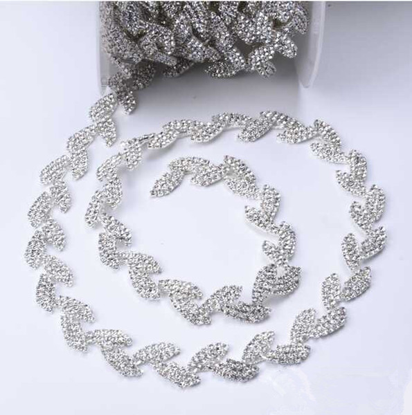 Free ship Leaf shape rhinestone silver chain trim 1yard/lot for bridal costume ornament 1.5cm width chain