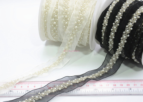 White Craft Beaded Fake pearls lace Trim ribbon costume applique sewing on garment 5yards/lot