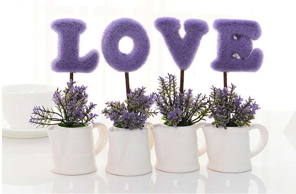 Hot selling Purple simulated LOVE plant,ornament for coffee bar desktop,wedding gifts