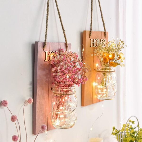 Free Shipping Wall Decoration Pendant Northern Europe Ins Style Glass Vase Dry Flower Bedroom Decoration With Glowworm Light and Wood Board