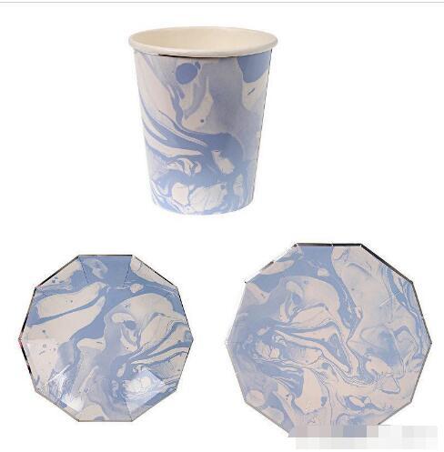 Wholesale Novel Blue Halo Pattern Marble Creative Disposable Tableware Set Paper Plates Cups Party Wedding Carnival Tableware Supplies