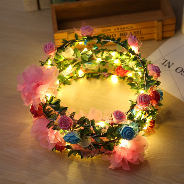 DHL Free Shipping Glowing Headdress Garland Crown Festival Floral Garland Bohemia for Park Wedding Headdress Glow Hair Band Party