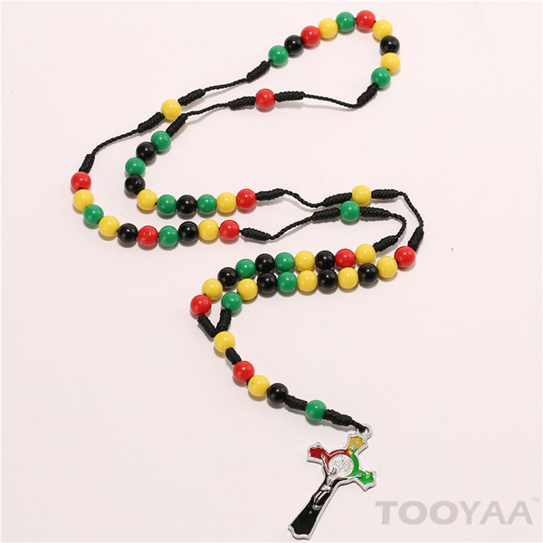 TOOYAA Women Men Christ Religuius PlasticJamaica Color Rosary Beads Sweater Chain Cross Pendant Woven Necklace Jewelry Decor