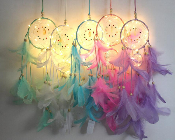 Handmade LED Light Dream Catcher Feathers Car Home Wall Hanging Decoration Ornament Gift Dreamcatcher Wind Chime Free ship