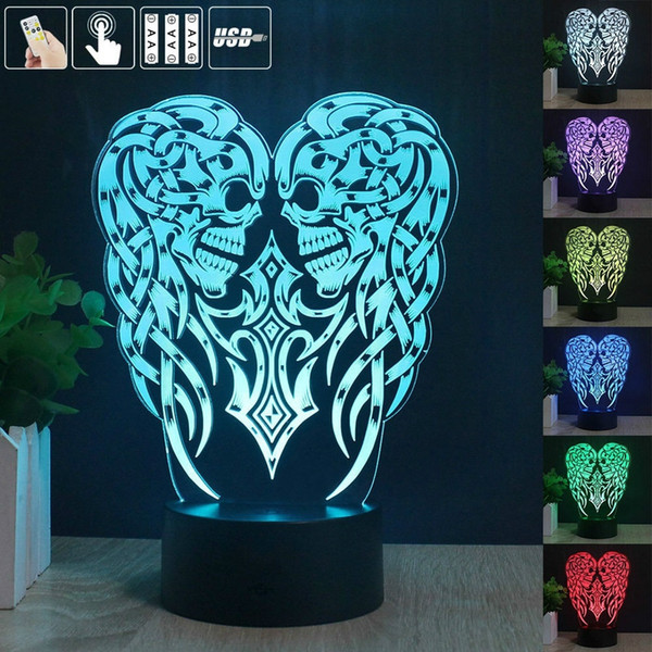 2017 New Remote Control Angel Wings Skull Cross 3D LED Night Light Touch 7 Color Change Table Lamp Acrylic Night Light Home Decoration