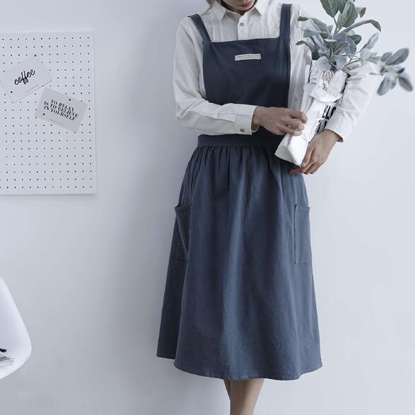 Pleated Skirt Design Apron Simple Washed Cotton Uniform Aprons for Woman Lady's Kitchen Cooking Gardening Coffee Shop