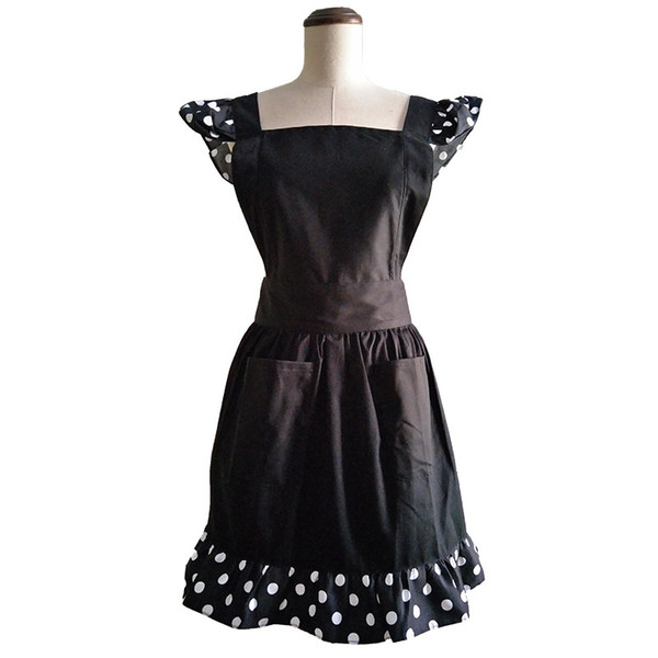 Wholesale-Kitchen Apron Woman Cooking Black Cotton Lolita Cross Back Strap Polka Dot Ruffled Salon Apron Avental de Cozinha Divertido