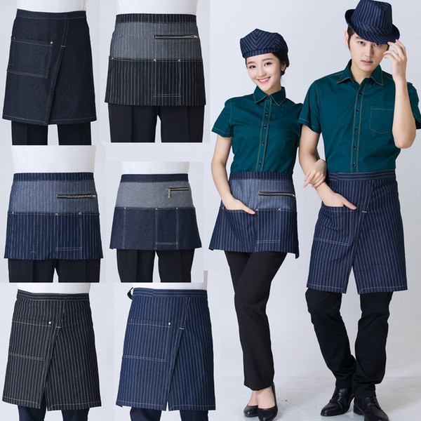 Universal denim Half Bust Bib Apron Restaurant Kitchen Coffee Shop Waitress Uniforms Waist Short Apron with Pockets