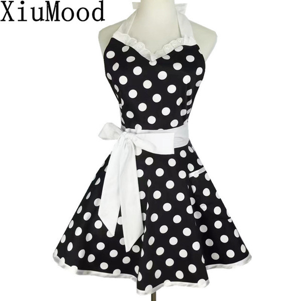 Xiumood Retro Cute Sexy Waiter Apron Dress With Pocket Cotton White Lace Black Polka Dot Kitchen Chef Cooking Aprons For Woman