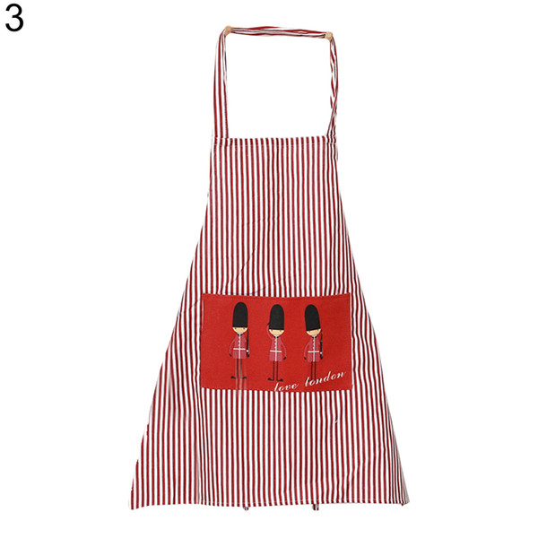 Home Kitchen Restaurant Women Vertical Stripes Bib Cooking Apron with Pocket