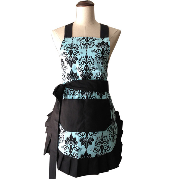 Retro Kitchen Apron Woman Flirty Aqua Damask Ruffled Floral Cooking Salon Avental De Cozinha Divertido Tablier Cuisine Pinafore