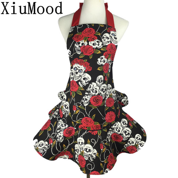 XiuMood Cotton Canvas Apron Printing Skulls Roses Red and Black, Pretty Party Hostess, Unique Gift