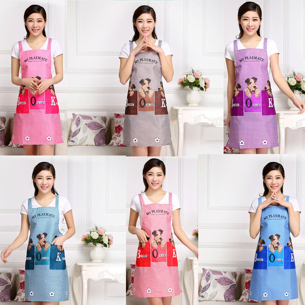 Wholesale 6 Piece Cute Dogs Checked Pattern 2 Patch Pockets Bib Aprons For Women Kitchen Restaurant Cooking Tools