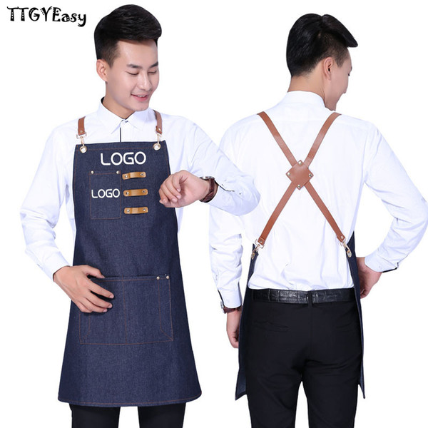 New Denim Cowboy Apron BBQ Senior Jeans baking Bib Leather Straps Kitchen apron for Women Men cooking Waitress Custom Print Logo