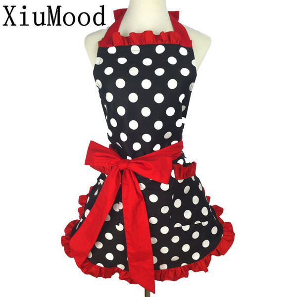 Xiumood New Cute Bib 100 % Cotton Apron Dress Flirty Vintage Kitchen Women Dots With Lace Pocket Gift