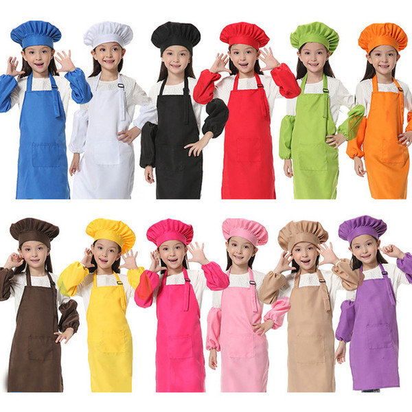 Adorable 3pcs/set Children Kitchen Waists 12 Colors Kids Aprons with Sleeve&Chef Hats for Painting Cooking Baking