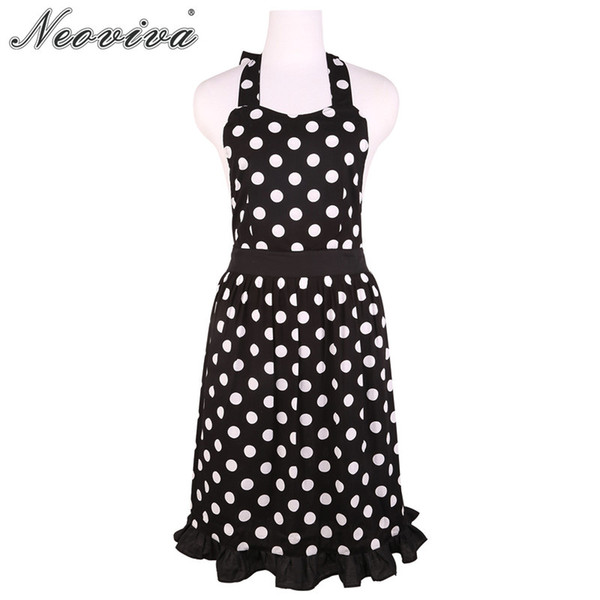 Neoviva Cotton Kitchen Apron for Hostess Hidden Pockets Betty Polka Dots Black Apron Dress Cocina Delantal Negro Keukenschort