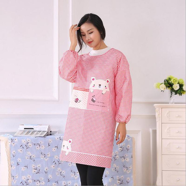 Adult Women Apron Cute Kitchen Apron Long Sleeve 2 Pocket Anti Oil Waterproof Bib Kitchen Aprons Household Cleaning Accessories