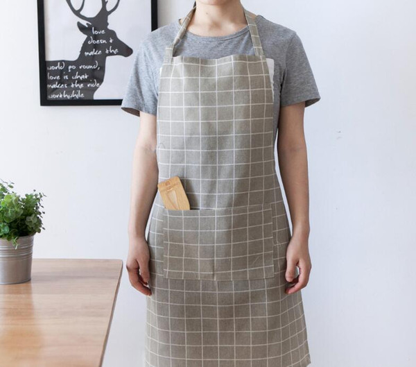 Fashion Japanese style Apron Big Pocket Family Cook Cooking Home Baking Cleaning Tools cotton linen gray lattice Art Apron