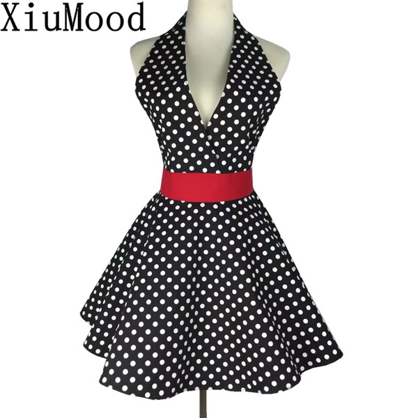 XiuMood New Sexy Retro Black Polka Dot Bib 100% Cotton Kitchen Full Apron Dress For Wom n Waitress Gift Free Shipping