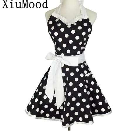 XiuMood Retro Cute Sexy Waiter Apron Dress With Pocket Cotton White Lace Black Polka Dot Kitchen Chef Cooking Aprons For Woman