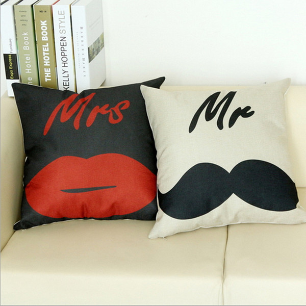 Home Pillowcase Print Cushion Decor Mustache Beard Red Lips Mr Mrs English Letters Home Cover Car Sofa Square Pillow Case Throw Wedding Gift