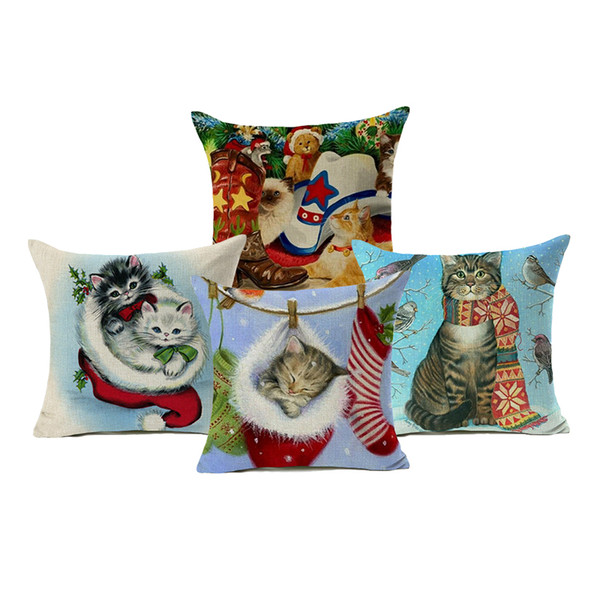 Cute Christmas Stocking Kitten Cats Throw Pillow Covers Comfortable Modern Living Room Dining Chair Decorative Pillow Case