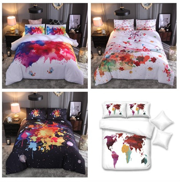 3D Watercolor Splash-ink Music notes Handprint Map and Stars Bedding Sets Santa Duvet Cover & Pillowcase Twin Queen King Size