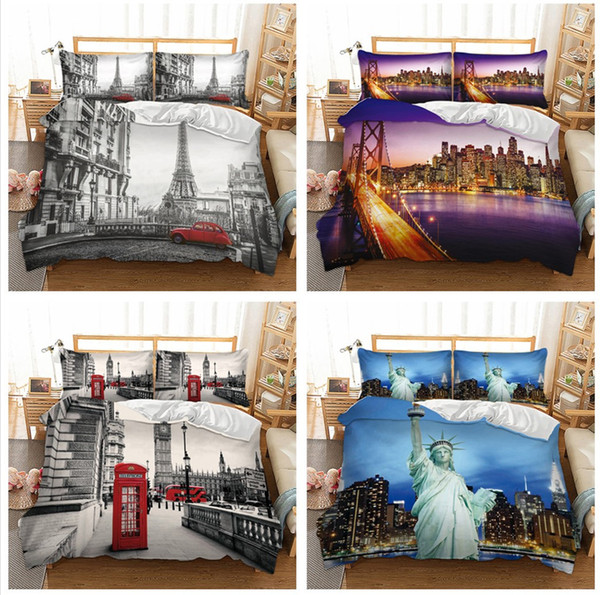 City coordinates statue of liberty Eiffel tower London Telephone booth San Francisco night view Notre Dame de Paris Bedding Set 3PC