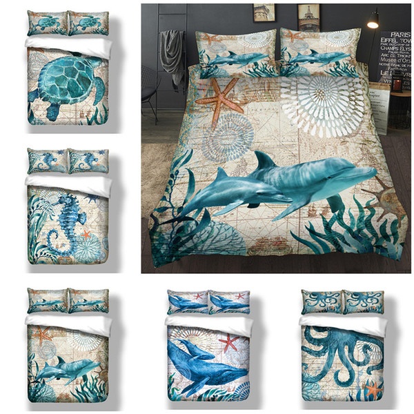 3D Sea Animals Dolphin Whale Octopus Turtle Design Bedding Set 2PC/3PC Duvet Cover Set Of Quilt Cover & Pillowcase Twin Full Queen King Size