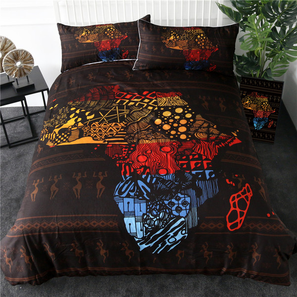 Africa Map Bedding Set Geometric Duvet Cover Set Retro Exotic Home Textiles Blue Red Yellow Bedclothes 3-Piece