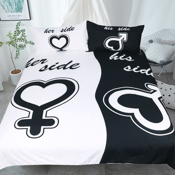 His & Her Side Bedding Set Black and White Couple Duvet Cover Set Valentine Bed Cover 3Pcs Twin Full Queen King