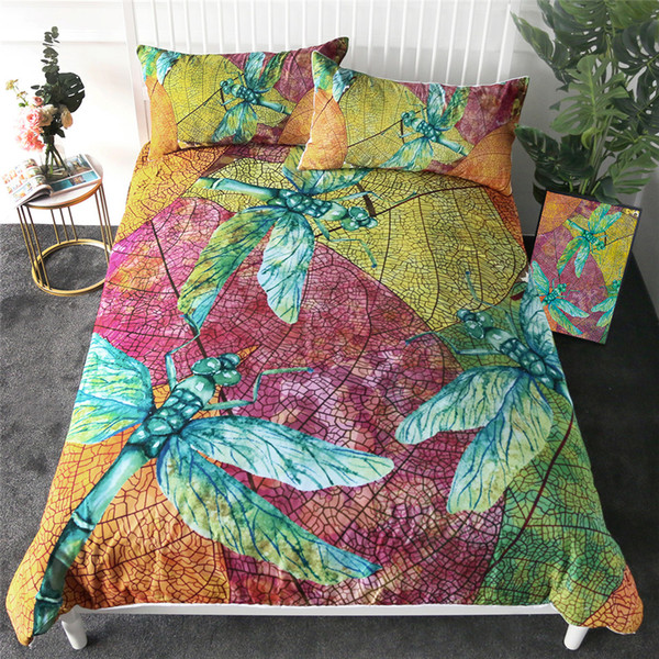 Dragonfly Bedding Set Leaf Stems Duvet Cover Set Colorful Insect Print Home Textiles Nature Beauty Bedclothes 3pcs