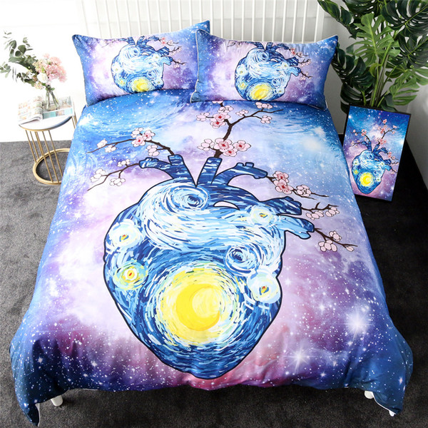 Heart Bedding Set Watercolor Art Starry Sky Duvet Cover Set Plum Flower Home Textiles Galaxy Bedclothes 3-Piece