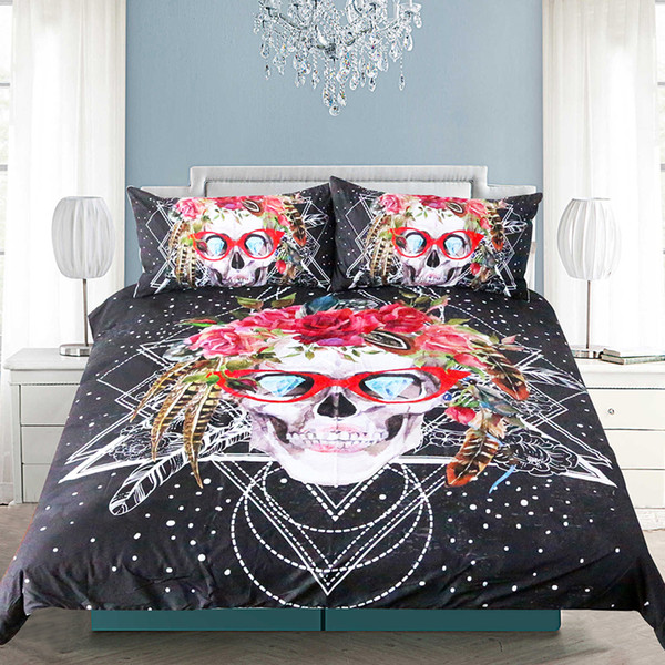 Sugar Skull with Glasses Bedding Set Pop Art Duvet Cover Set 3 Pieces Cool Soft Bedclothes For Gift Queen Size