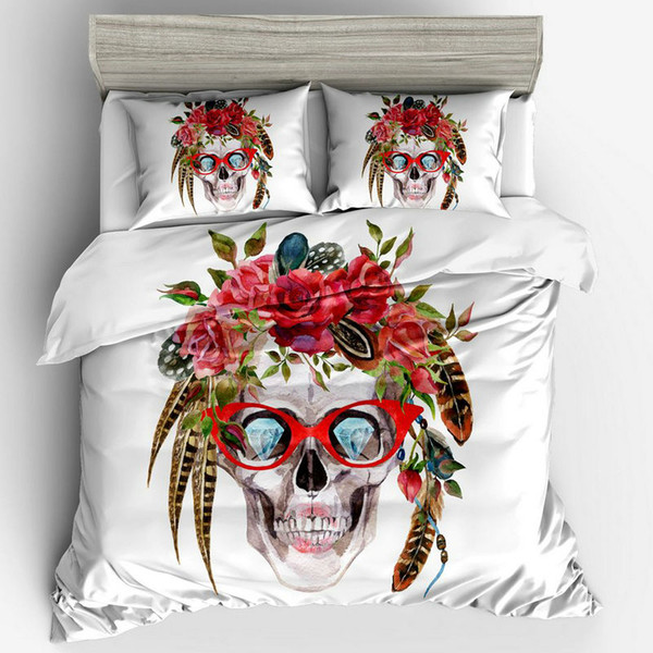 Floral Skeleton Bedding Set 3pcs Cute Creative Design Duvet Cover Pillowcases US Size Twin Full Queen King