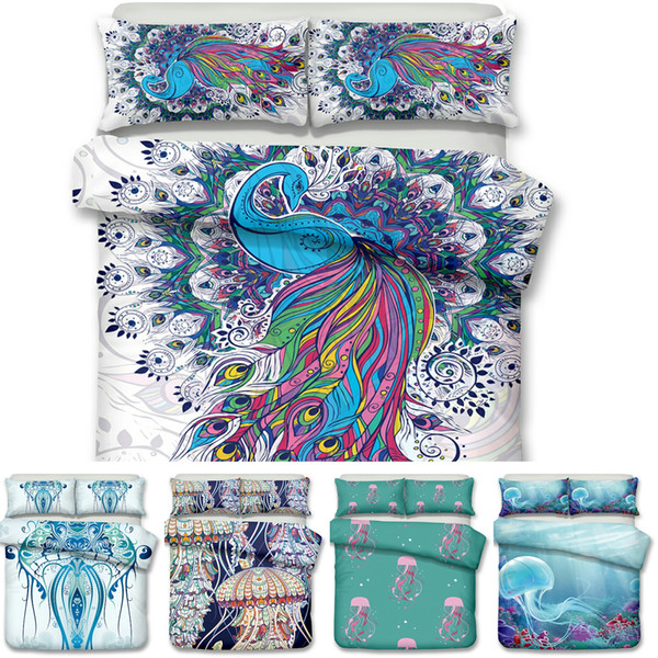 Art Peacock and Jellyfish Pattern Printed Bedding Sets All Sizes Pillow Case Quilt Cover Duvet Cover