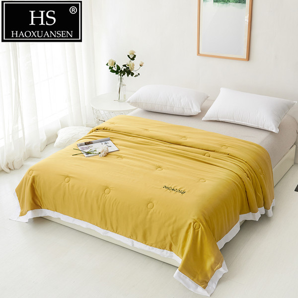 Luxury Yellow Thin Quilt 100% Lyocell Tencel 400 Thread Count Fabric Comforter Summer Thin Bed Cover Adult Blanket Queen King