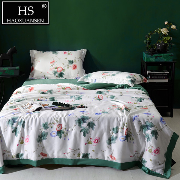 Luxury Morning Glory Print Thin Quilt Lyocell Tencel 650 Thread Count Fabric Summer Comforter Adult Bed Cover Queen King Size