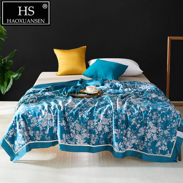 Blue Camellia Design Summer Thin Quilt 100% Lyocell Tencel 400 Thread Count Fabric Comforter Adult Bed Cover Queen King Size