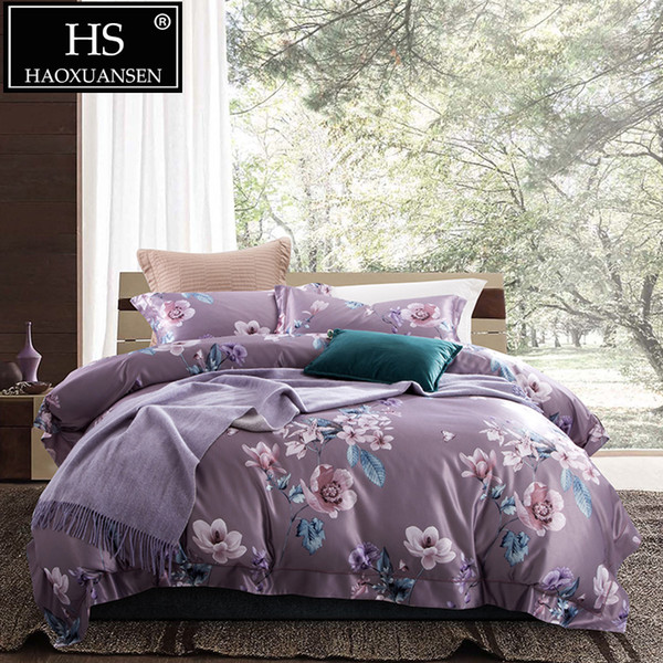 Light Purple 4pcs 3D Bedding Sets Camellia Pattern Digital Print Duvet Cover Set Slik Cotton Adult Bed Linen Set Queen King Size