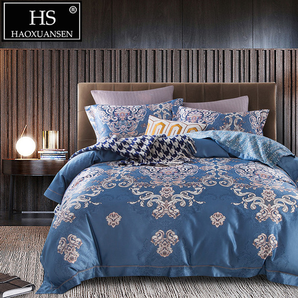 European Floral Bedding Sets Blue Digital Print 4pcs Duvet Cover Set Adult Bed Linen Set Cotton Sheet Queen King Size