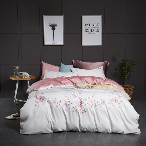 Floral Embroidered Cotton 4Pcs Bedding Sets White King Queen Size Bed Sheet Set Duvet Cover Pillowcases