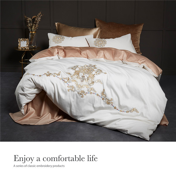 Acanthus Embroidered Cotton 4Pcs Bedding Sets White King Queen Size Bed Sheet Set Duvet Cover Pillowcases