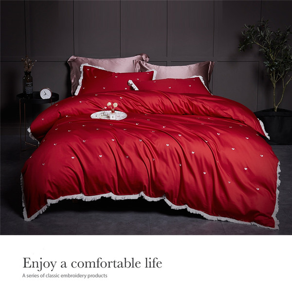 Embroidered Cotton 4Pcs Bedding Sets Red With Fringe King Queen Size Bed Sheet Set Duvet Cover Pillowcases