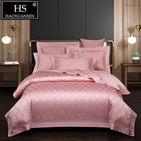 Luxury Pink Plaid Jacquard Bedding Sets High Density Cotton 4pcs Bed Linen Set Adult Double Bed Set Queen King Size