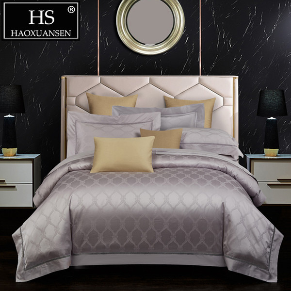 Luxury Grey Purple Plaid Jacquard Bedding Sets High Density Cotton 4pcs Bed Linen Set Adult Double Bed Set Queen King Size