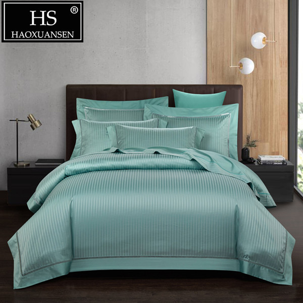 High Density Green Striped Jacquard Bedding Sets 4pcs Luxury Bed Cover Queen King Size Adult Bed Set Cotton Bed Linen Set