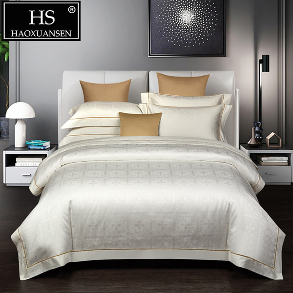 Luxury White High Density Jacquard 4pcs Bedding Sets Comforter Bed Linen Set Queen King Size Cotton Adult Double Bed Sheets