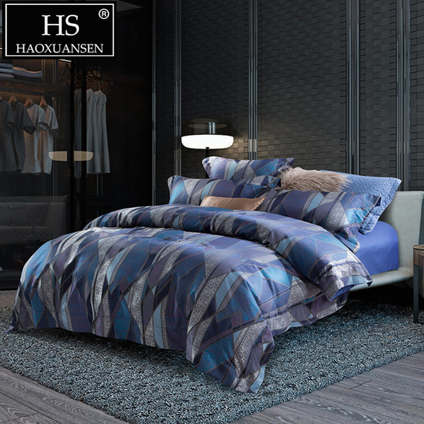 Luxury Geometric Diamond Jacquard Bedding Sets Blue Egyptian Cotton Satin Duvet Cover Set Queen King Sheet 4pcs Home Textile